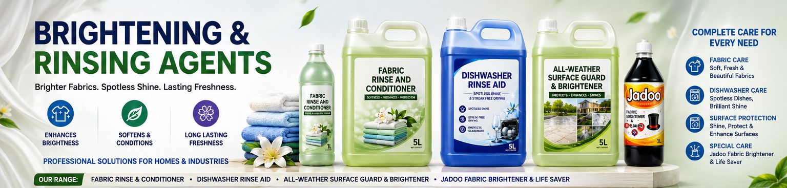 S K Enterprises Brightening and Rinsing Agents range — Fabric Rinse and Conditioner, Dishwasher Rinse Aid, All-Weather Surface Guard and Jadoo Fabric Brightener