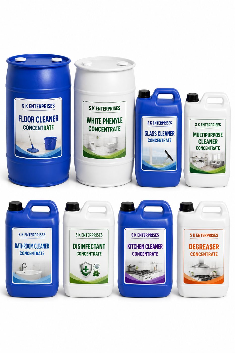 S K Enterprises chemical concentrate range — Floor Cleaner, White Phenyle, Glass Cleaner, Multipurpose Cleaner, Bathroom Cleaner, Disinfectant, Kitchen Cleaner and Degreaser Concentrate drums and jerry cans