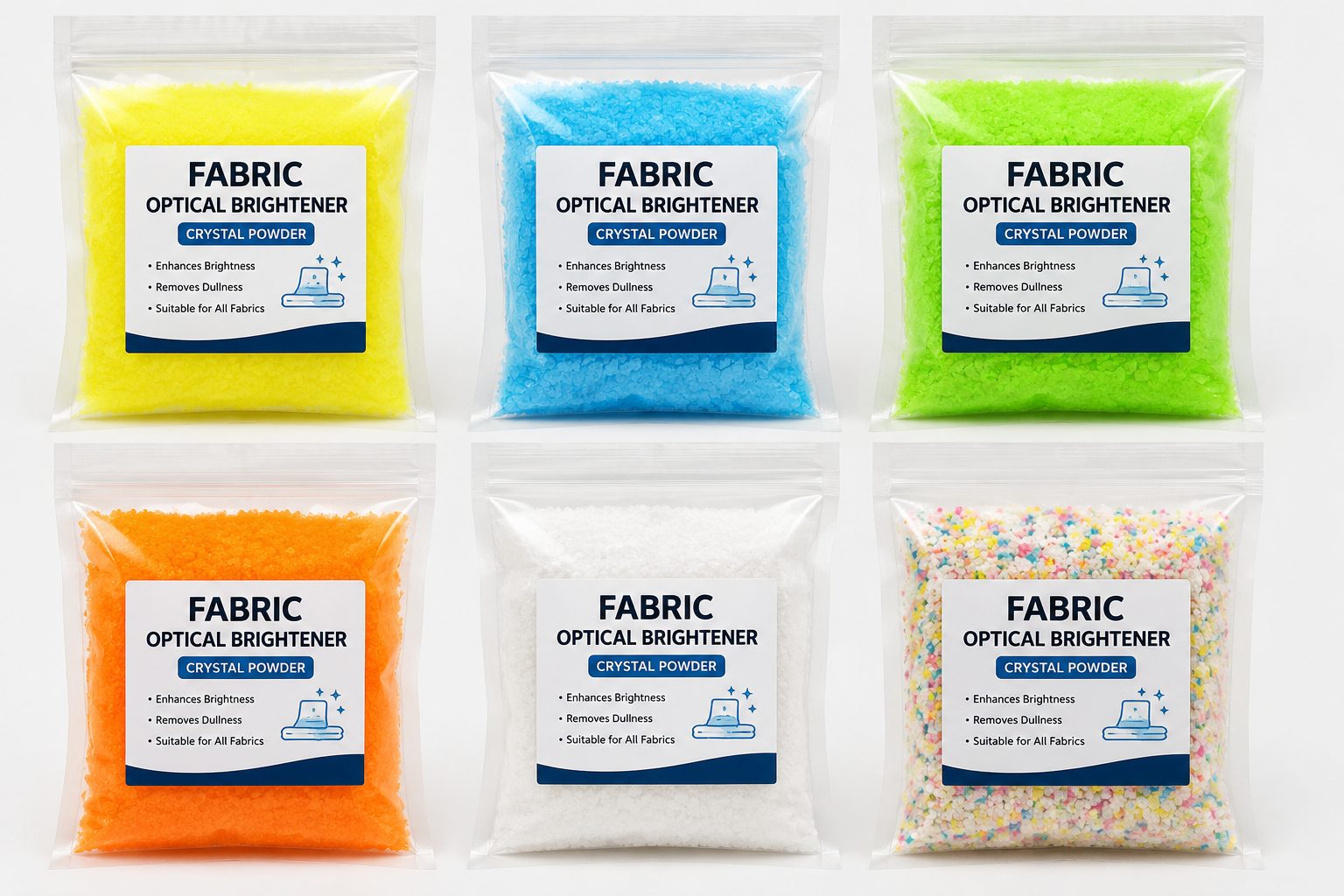 Fabric Optical Brightener Crystal Powder in six colours — yellow, blue, green, orange, white and multicolour